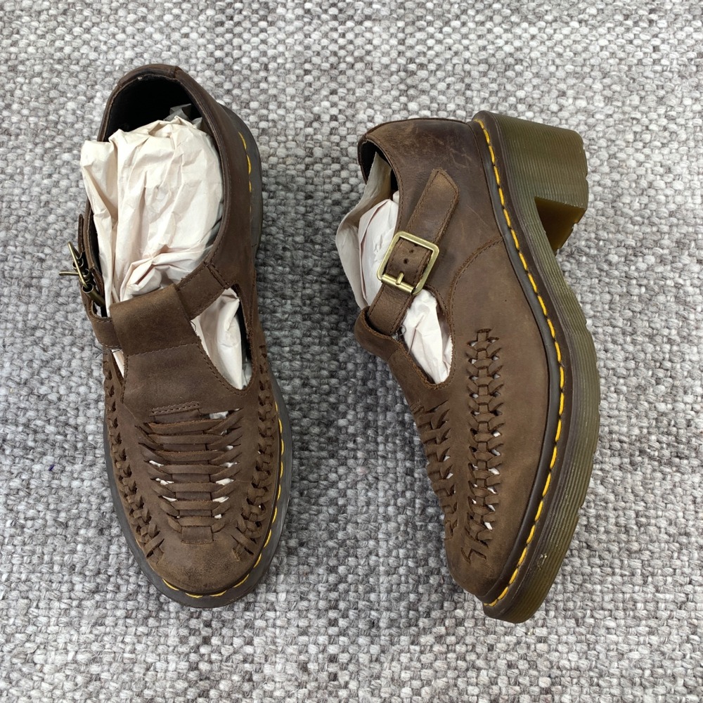 Dr. Martens Mindy Brown Leather Woven Huarache T-Strap Heeled Shoes Women 9